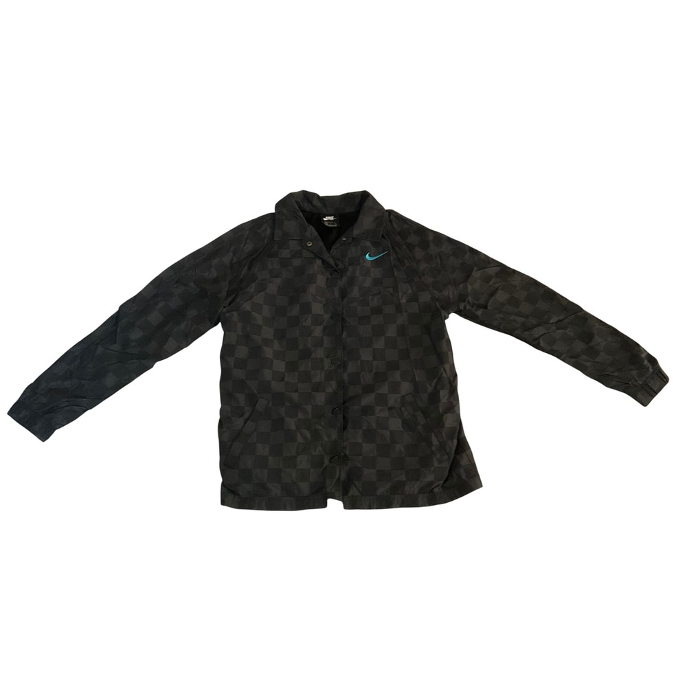 Nike Coaches Jacket Mens Small Grey Checkerboard Turquoise Swoosh Snap Front